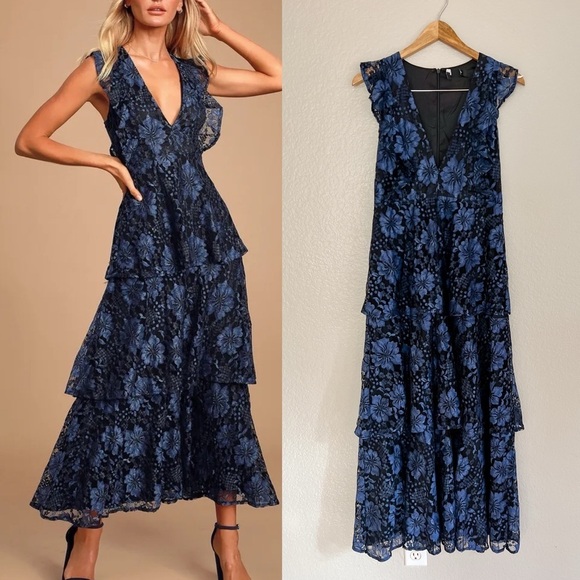 Molinetto Navy Blue Lace Ruffled Tiered Sleeveless Maxi Dress - Picture 1 of 9